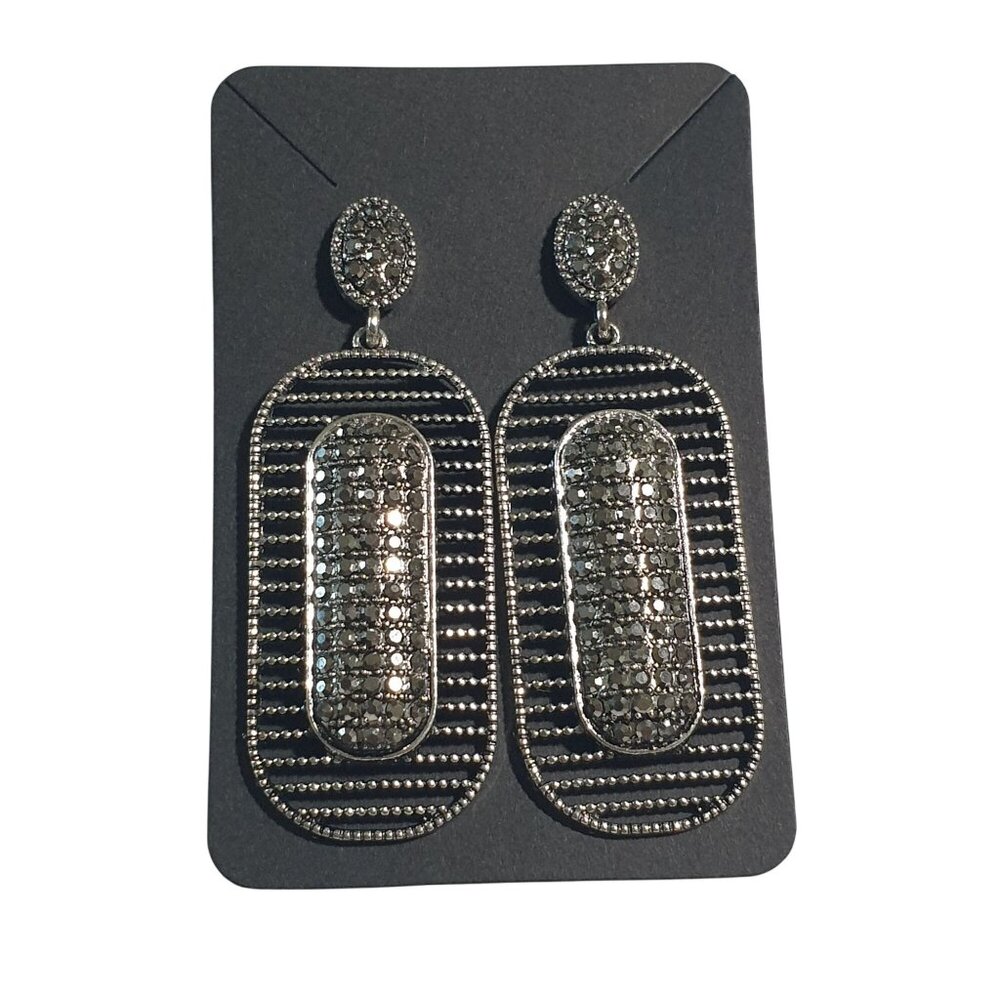 Rhinestone Oval Drop Statement Earrings Silver Tone Sparkling Bling Dangle 2.75"